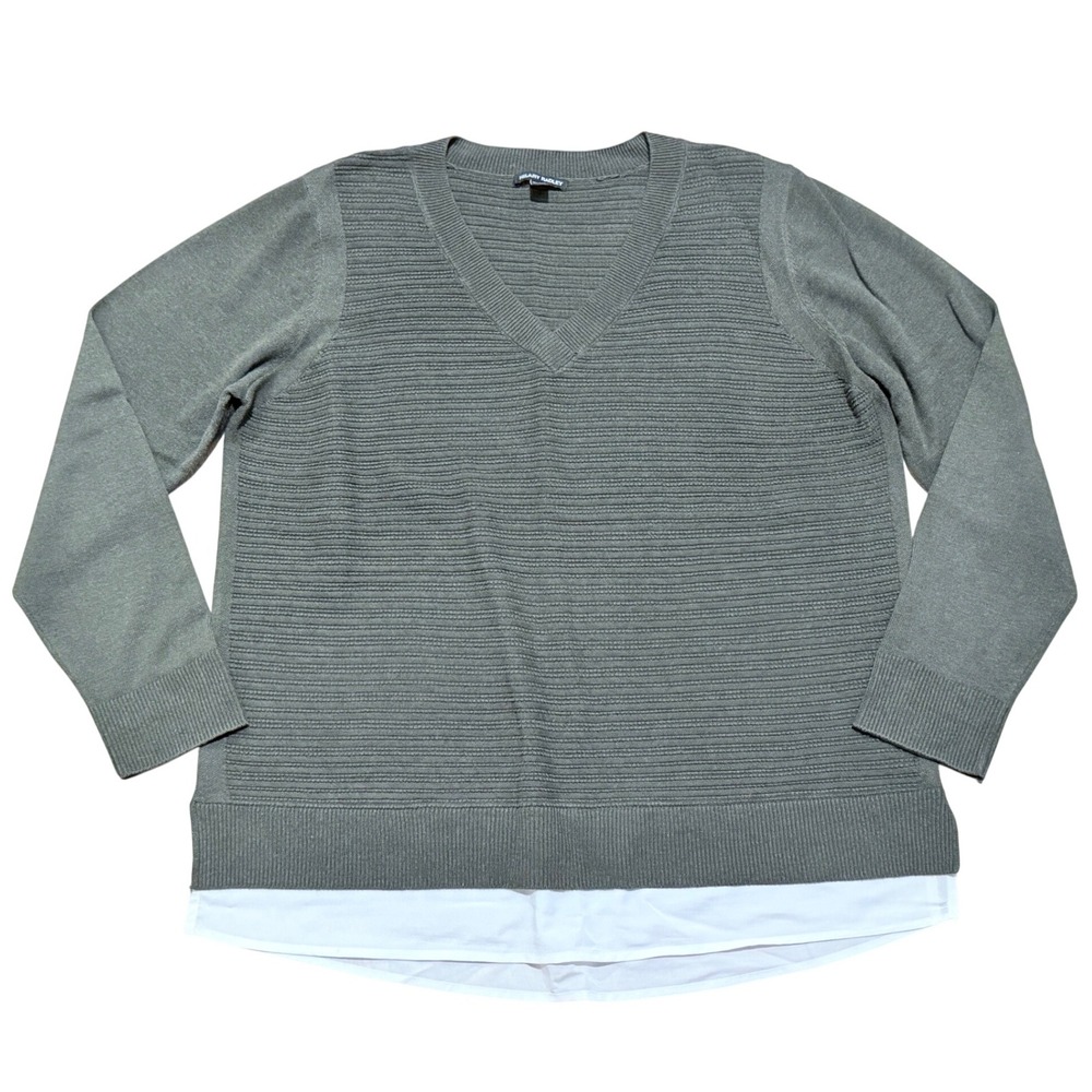 Hilary Radley Womens XXL Olive Green V Neck Ribbed Sweater Top White Layered Hem